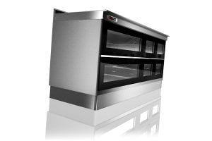 A sleek, stainless steel commercial display refrigerator with glass doors and digital temperature display, shown against a white background with a reflective surface.