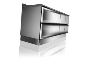 A sleek, modern metallic cabinet with smooth surfaces and rounded edges, shown against a white background with a subtle reflection below.