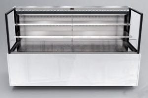 A large, empty refrigerated display case with glass sides and two shelves, designed for showcasing food items in a store or supermarket. The case has a sleek, white exterior and a clean, modern look.