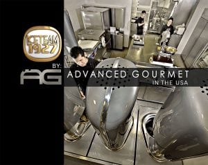 A modern kitchen with staff operating large, sleek, gray gelato machines. The text overlay reads ICETEAM 1927 by Advanced Gourmet in the USA. Stainless steel countertops and kitchen equipment are visible.