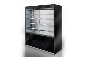 A black refrigerated display case with glass front and sides, featuring multiple empty metal shelves and a vented cooling unit at the bottom, set against a plain white background.