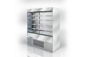 A large, stainless steel commercial refrigerated display case with multiple shelves and a glass front, designed for showcasing food or beverages. The unit has a vent at the bottom and stands on small wheels.