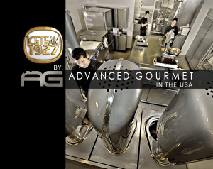 A commercial kitchen with workers operating large gelato machines. Overlay text reads IceTeam 1927 by Advanced Gourmet in the USA in silver and gold lettering.