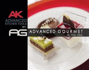 A plate with assorted elegant desserts, including a layered cake, mousse, and a chocolate treat, next to a logo reading AK Advanced Kitchen Tools by AG Advanced Gourmet in the USA.
