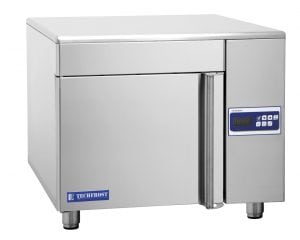 A stainless steel commercial blast chiller with a digital control panel and display on the front, standing on four legs, branded with the Techfrost logo.