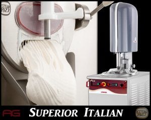 A commercial gelato machine churning and dispensing creamy white gelato, with a close-up of the gelato flowing out and the full machine shown to the right. Text reads “Superior Italian.”.