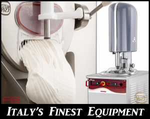 A commercial gelato machine dispensing smooth, creamy gelato, with another sleek, silver machine beside it. Text at the bottom reads “Italy’s Finest Equipment.”.