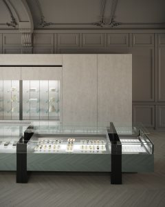 A display case with jewelry on it.