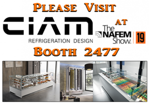 Promotional flyer for CIAM Refrigeration Design inviting visitors to booth 2477 at The NAFEM Show 2019, featuring images of refrigerated display cases and wine storage units.