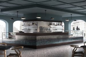A modern, stylish café with a central bar, glass display cases of pastries, shelves of glasses and bottles, pendant lights, and large arched windows allowing natural light to fill the space.