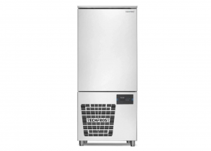 A stainless steel commercial blast chiller with a digital control panel and vent at the bottom, standing on four short legs. The brand name Techfrost is visible on the front.