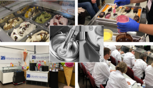 A collage showing gelato preparation: chefs making gelato, decorated trays of gelato, a machine churning gelato, and a classroom with people in white coats taking notes at a Gelato Supply training session.