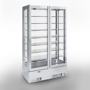 A commercial glass display refrigerator with two doors and multiple glass shelves, set against a plain white background.