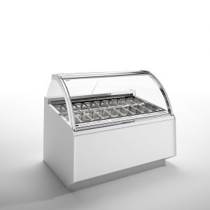 A commercial refrigerated display case with a curved glass front and twelve metal trays, typically used for displaying ice cream or gelato. The case is white and set against a plain, white background.
