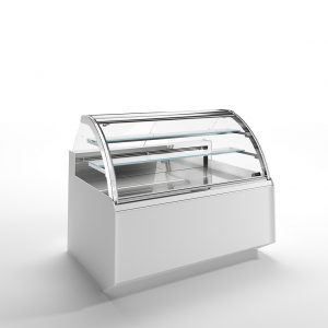 A modern, empty refrigerated display case with glass shelves and a curved glass front, set against a plain white background.