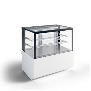 A glass display case with a white base, featuring two horizontal glass shelves and a transparent top and sides, suitable for showcasing food items or products in a retail or bakery setting.