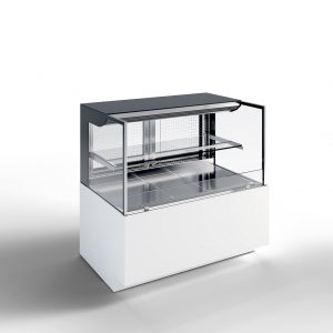 A modern, empty refrigerated display case with glass panels, metal shelves, and a white base, set against a plain white background.