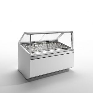 A modern, white refrigerated display case with a glass front and top, containing multiple empty metal trays arranged in rows. The background is plain white.