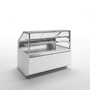 A modern, empty glass display case with metal framing and glass shelves, designed for showcasing food or products, set against a plain white background.