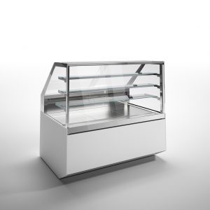 A modern, empty refrigerated display case with glass shelves and a white base, designed for showcasing food items in a bakery, deli, or café setting.