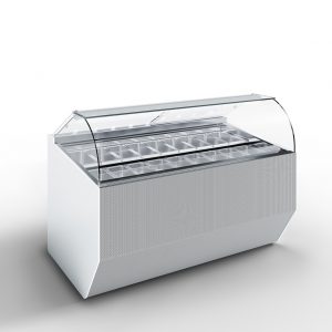 A commercial ice cream display freezer with a curved glass top and multiple empty metal trays inside, set against a plain white background.