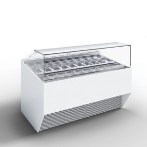 A modern, white refrigerated display case with a glass top and multiple metal compartments, typically used for displaying ice cream or gelato in a retail or food service setting.