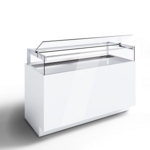 A modern, white commercial display case with a glass top that is partially open, designed for showcasing food or products. The display has a sleek, minimalist design and a reflective surface.