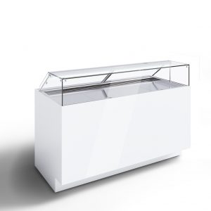 A modern, white commercial display freezer with a glass top and angled glass sneeze guard, designed for showcasing frozen foods or ice cream. The background is plain and white.