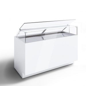 A modern white display freezer with a transparent glass lid open at an angle, set against a plain white background.
