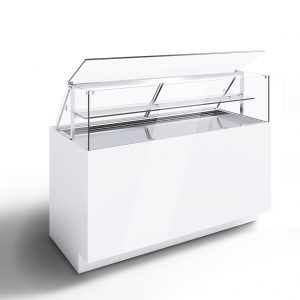 A modern, white refrigerated display case with a transparent glass top and angled front, designed for showcasing food items such as desserts or deli products. The glass lid is open, revealing interior shelves.