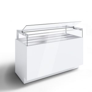 A modern, white display freezer with a glass lid partially open, designed for showcasing items like ice cream or frozen desserts. The design is sleek and minimalistic.