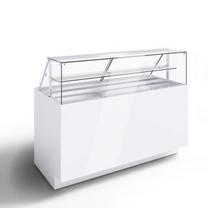 A modern, white refrigerated display case with a clear glass top and front, featuring two interior shelves for showcasing food items. The design is sleek and minimalistic, set against a plain white background.