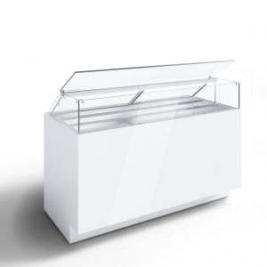 A white display freezer with a transparent, hinged glass lid that is partially open, showing empty metal shelves inside. The background is plain and uncluttered.