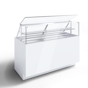 A modern, empty white display case with a glass top and front, partially open, designed for showcasing food items in a retail or restaurant setting.