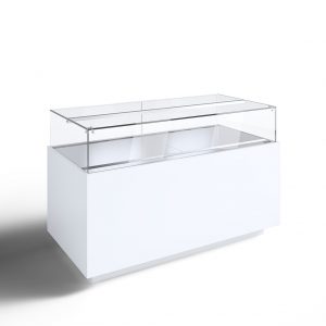 A modern, rectangular white display case with a clear glass top and sides, set against a plain white background. The case is empty and designed for showcasing items.