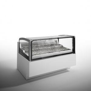 A modern, empty refrigerated display case with a glass front and multiple metal trays, set against a plain white background.