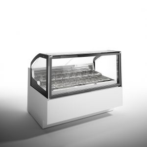 A commercial glass display freezer with multiple metal compartments, typically used for showcasing ice cream or gelato, set against a plain white background.