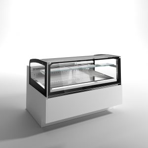 A modern, empty refrigerated display case with glass panels and a white base, set against a plain white background.