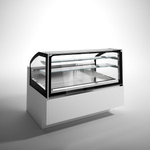 A modern, empty refrigerated display case with glass panels on the top and sides, a white base, and metal shelving inside, set against a plain white background.
