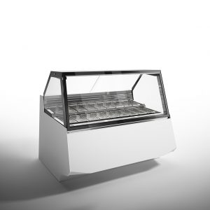 A modern, white commercial display freezer with a glass front and several empty stainless steel trays, designed for showcasing food items like ice cream or gelato.