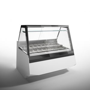 A modern, empty refrigerated display case with a glass front and multiple stainless steel trays, designed for showcasing food items in a retail or restaurant setting.