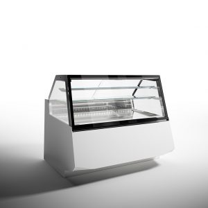 A modern, empty refrigerated display case with glass panels and metal shelves, designed for showcasing food items, set against a plain white background.