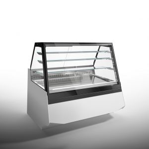 A modern, empty refrigerated display case with glass shelves and front, designed for showcasing food items in a store or café, set against a plain white background.