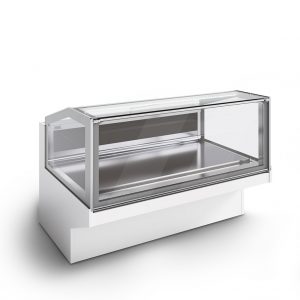 A commercial glass display case with a white base and transparent sides and top, designed for showcasing food or products, set against a plain white background.