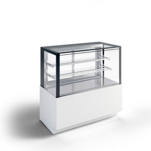 A modern, empty refrigerated display case with glass panels and metal shelves, set on a white rectangular base against a plain white background.