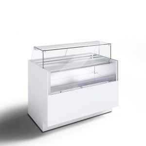 A modern, white refrigerated display case with a glass top and front, designed for showcasing food items such as desserts or deli products. The case is empty and set against a plain white background.