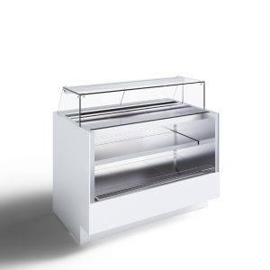 A white, modern refrigerated display case with glass on top and open shelving, designed for showcasing food items in a retail or food service environment.