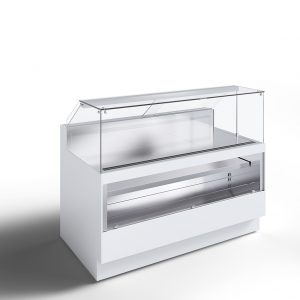 A modern, white refrigerated display case with glass panels and metal shelves, designed for showcasing food items in a retail or food service setting.