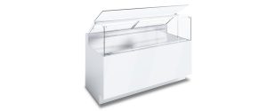A modern, white commercial display freezer with a glass top that is partially open, designed for showcasing refrigerated products.