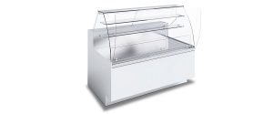 A modern, empty refrigerated display case with a glass front and shelves, designed for showcasing food items in a bakery or deli. The unit is sleek and white with a minimalist design.
